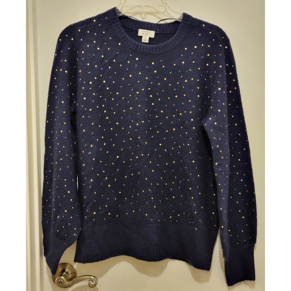 Crown & Ivy Womens PL Navy Blue Gold Foil Polka Dot Crewneck Sweater Festive Fun